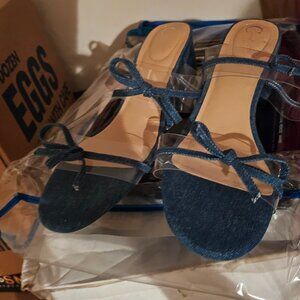Denim Bow Strap Sandals with Clear Straps | Size 10W